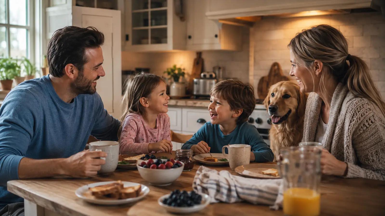 Family eating breakfast together on a bright morning after a good night's sleep