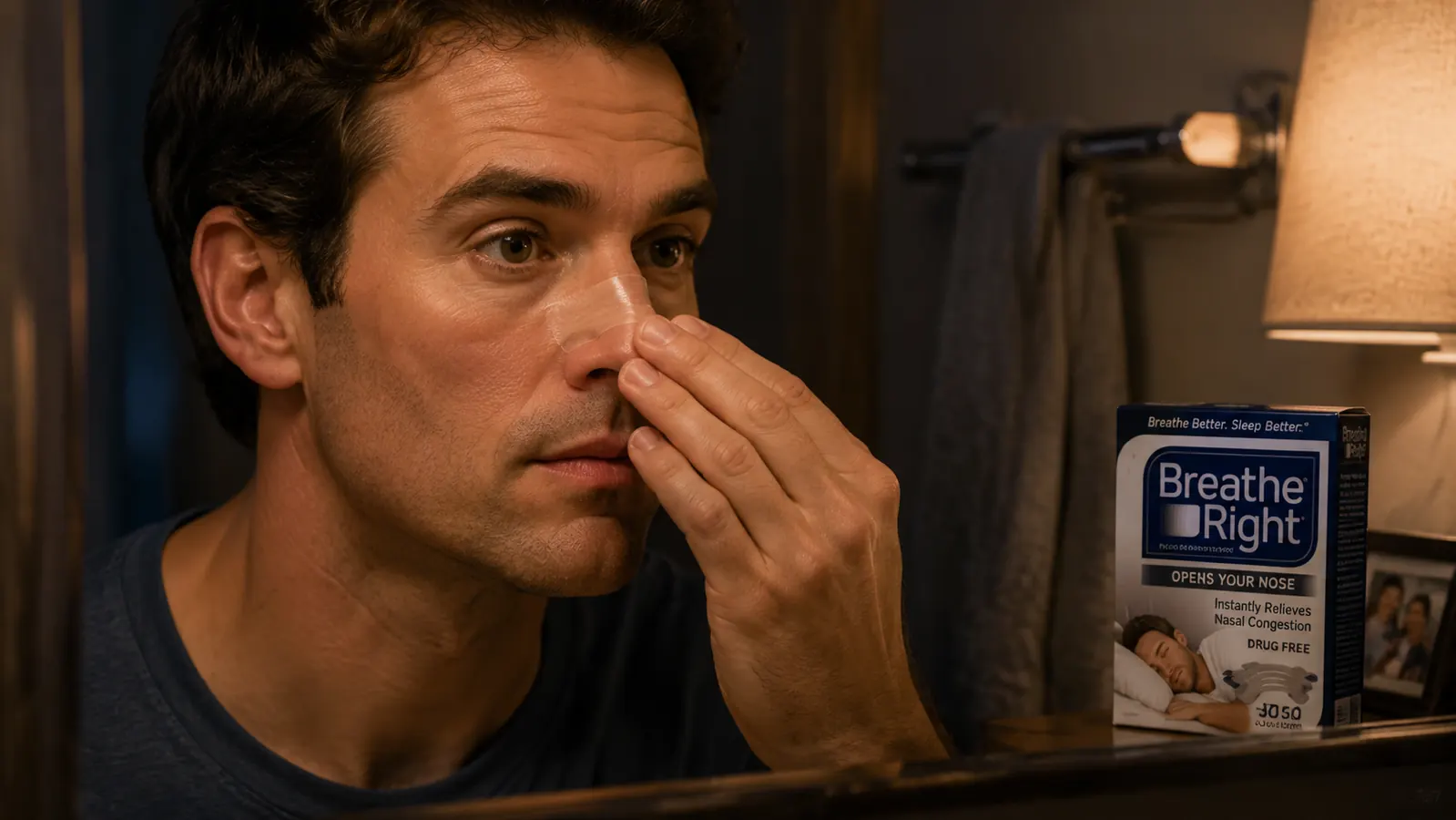 Hand pressing a Breathe Right nasal strip onto the bridge of a nose in front of a bathroom mirror