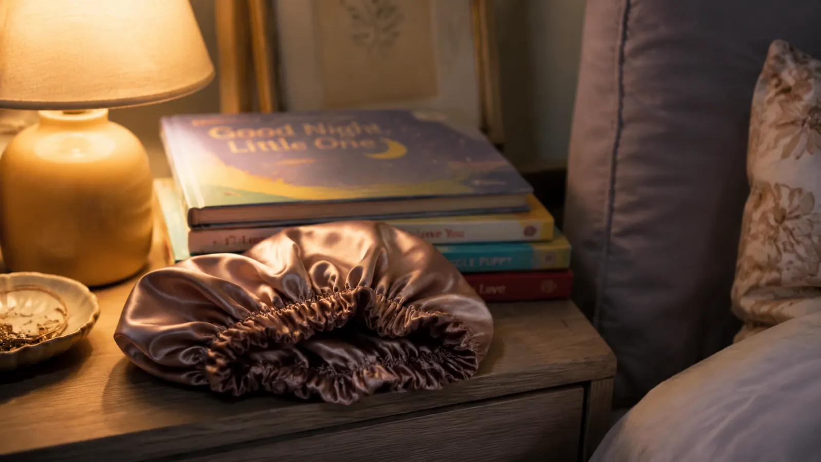 A folded silk bonnet resting on a nightstand next to kids' bedtime books and a lamp
