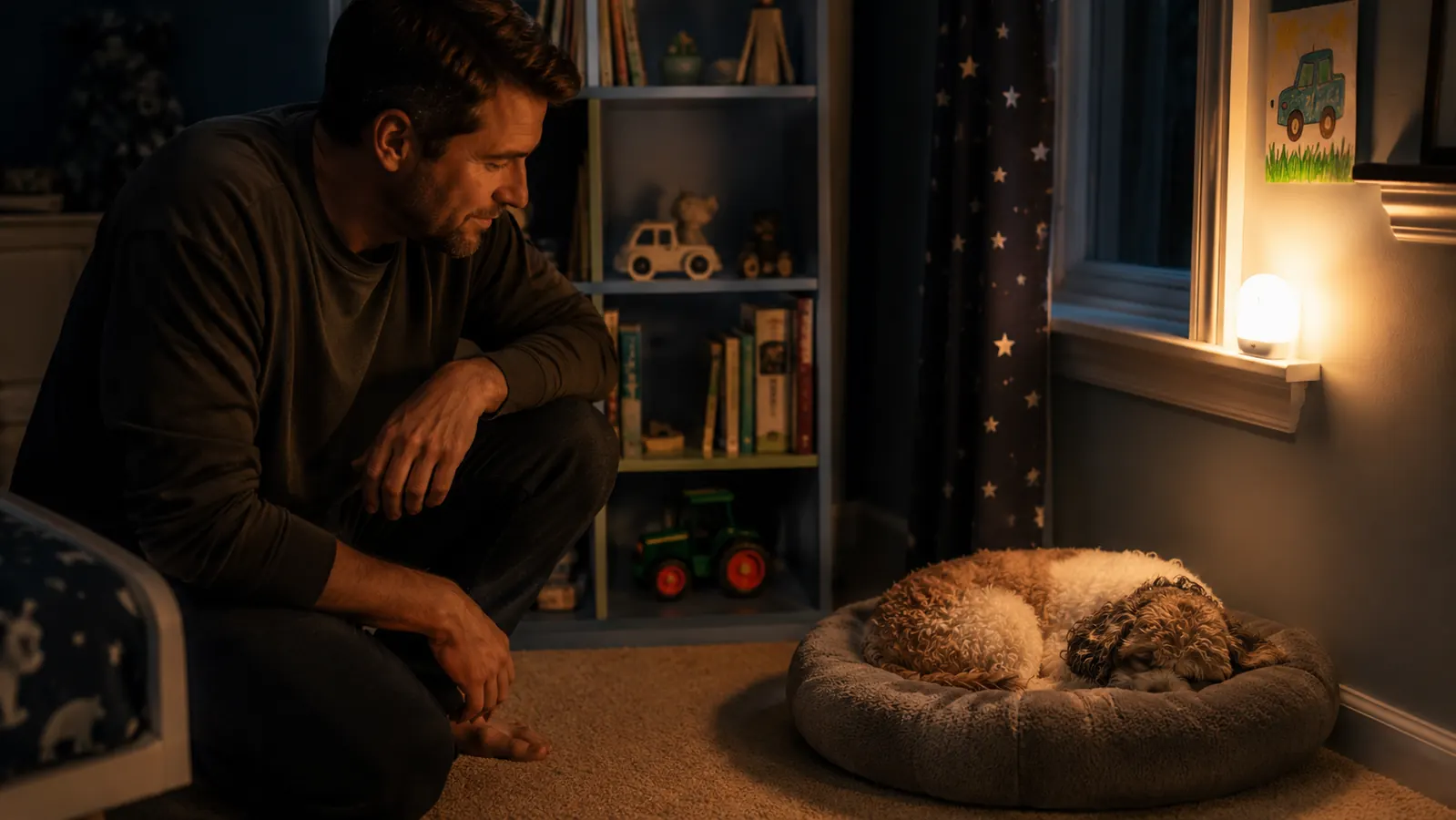 Small dog curled up asleep on a bed in the corner of a kids' bedroom