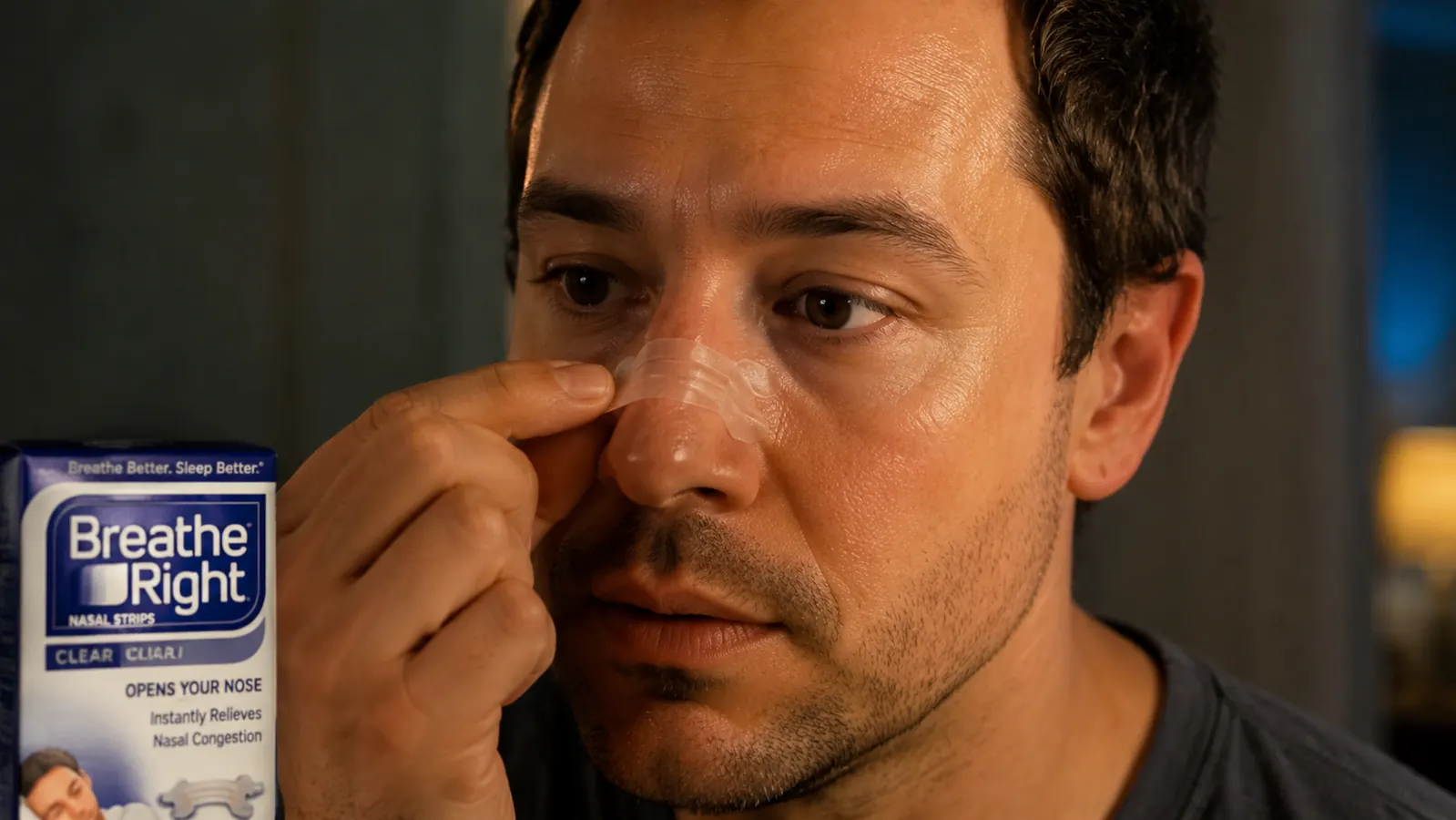 Close-up of a clear Breathe Right nasal strip with one edge lifted and curling away from the skin