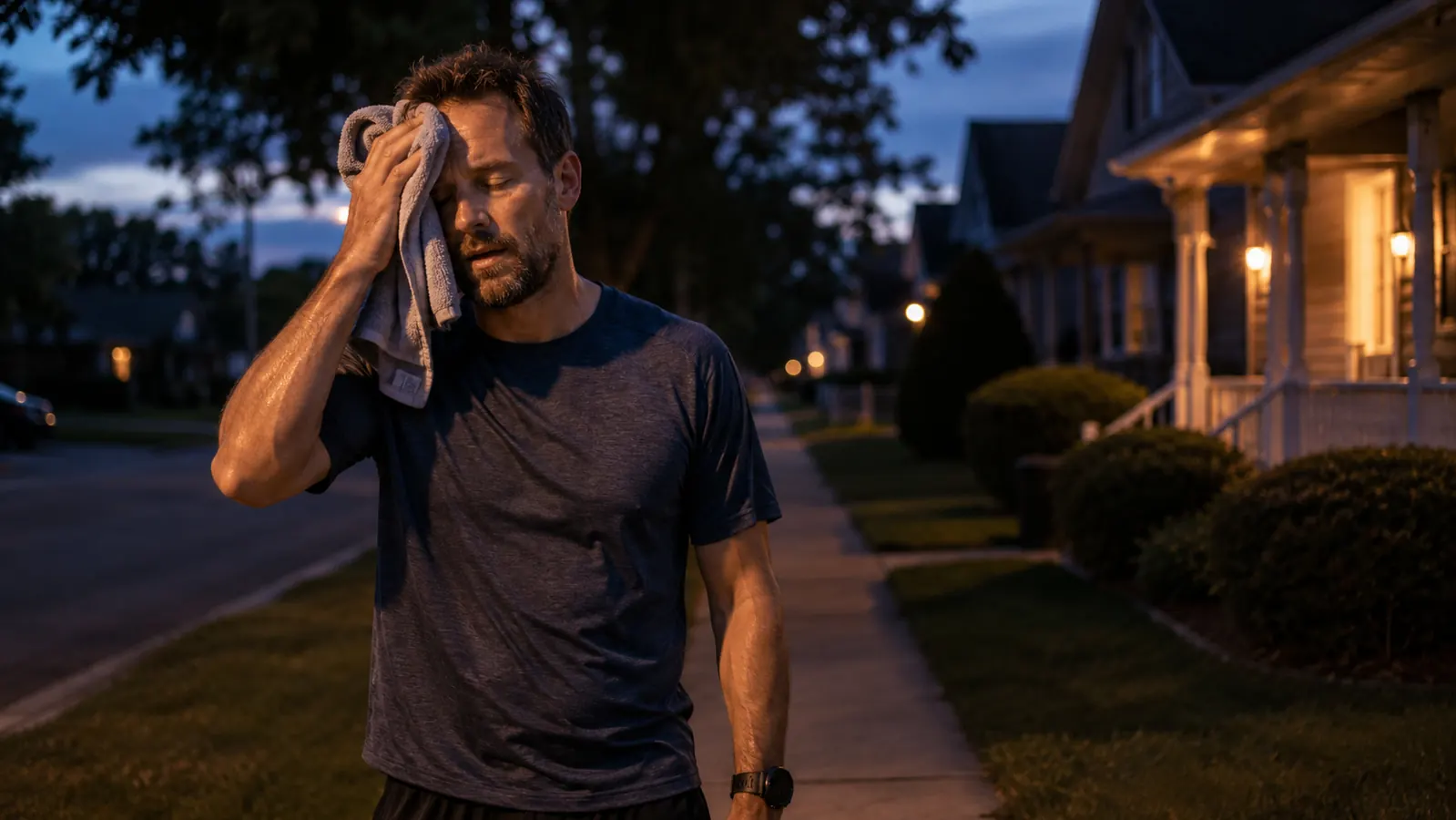 Man toweling off sweat after a late evening jog on a suburban street at dusk
