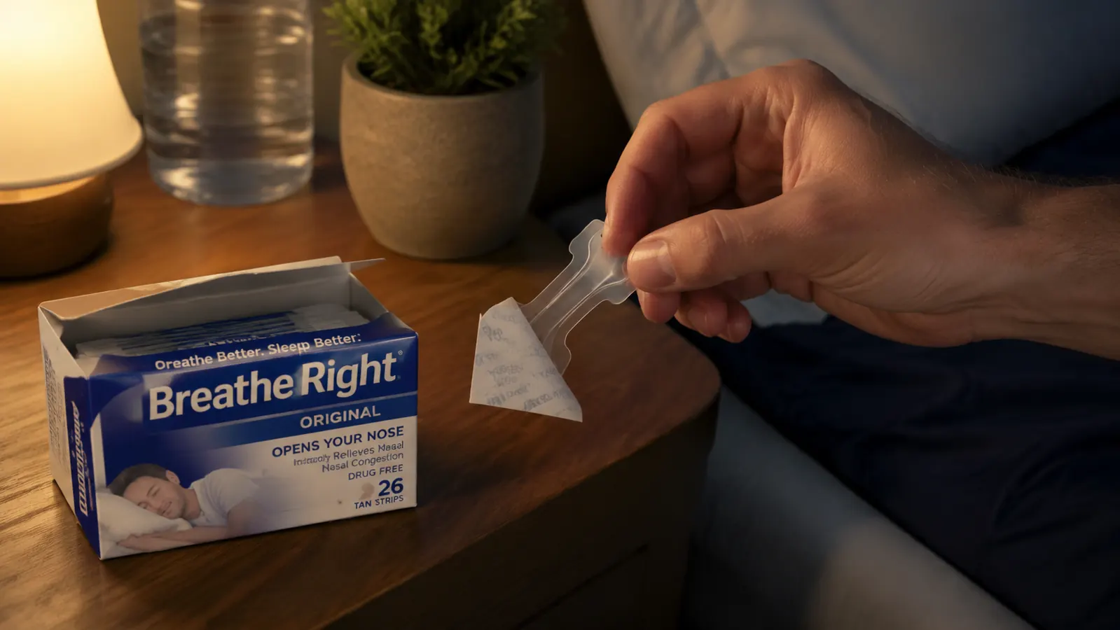 Hand peeling a Breathe Right nasal strip off its backing next to the box on a nightstand