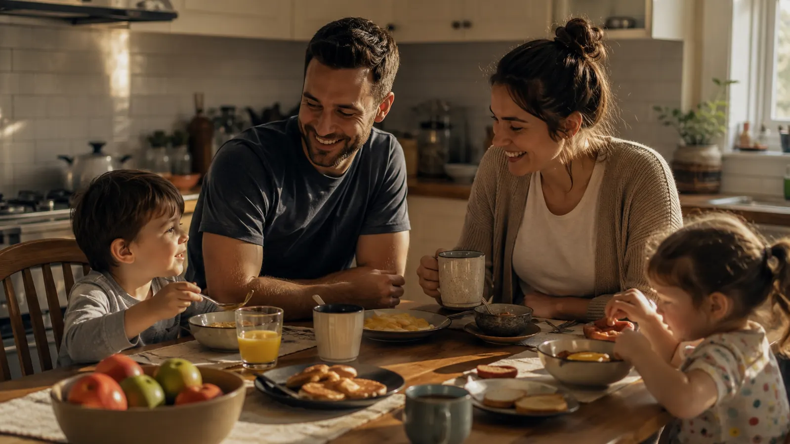 Family of four eating breakfast together in a sunny kitchen, dad looking rested
