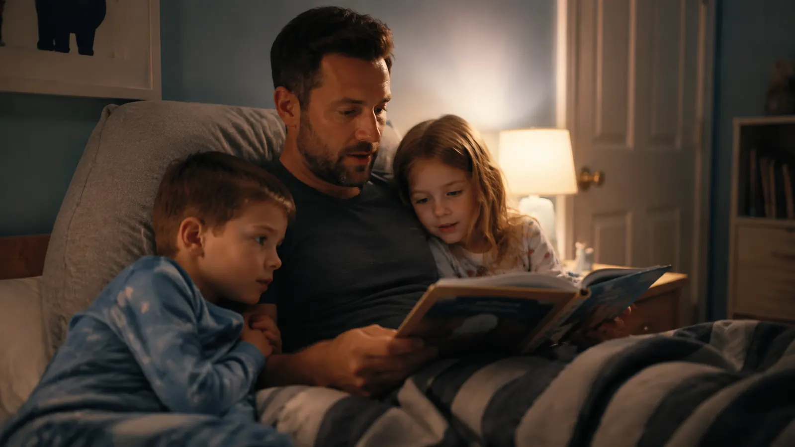 Dad reading a picture book to two young kids while sitting up in bed against an armrest pillow, both kids leaning in on either side