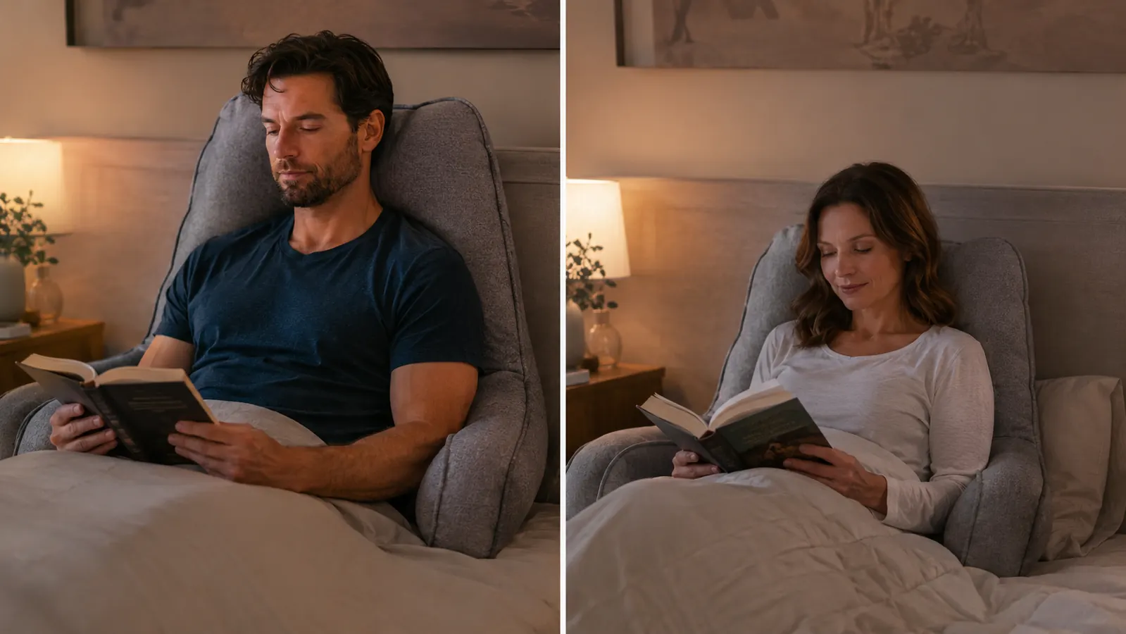 Two people of noticeably different heights each sitting up against the same grey reading pillow to compare fit