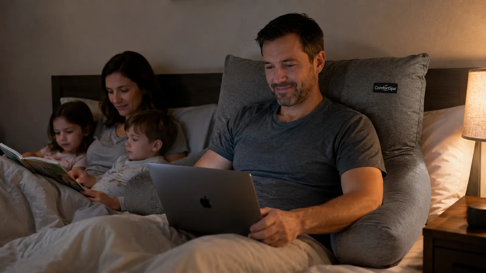 Man sitting up in bed with a laptop resting on the arms of the ComfortSpa reading pillow