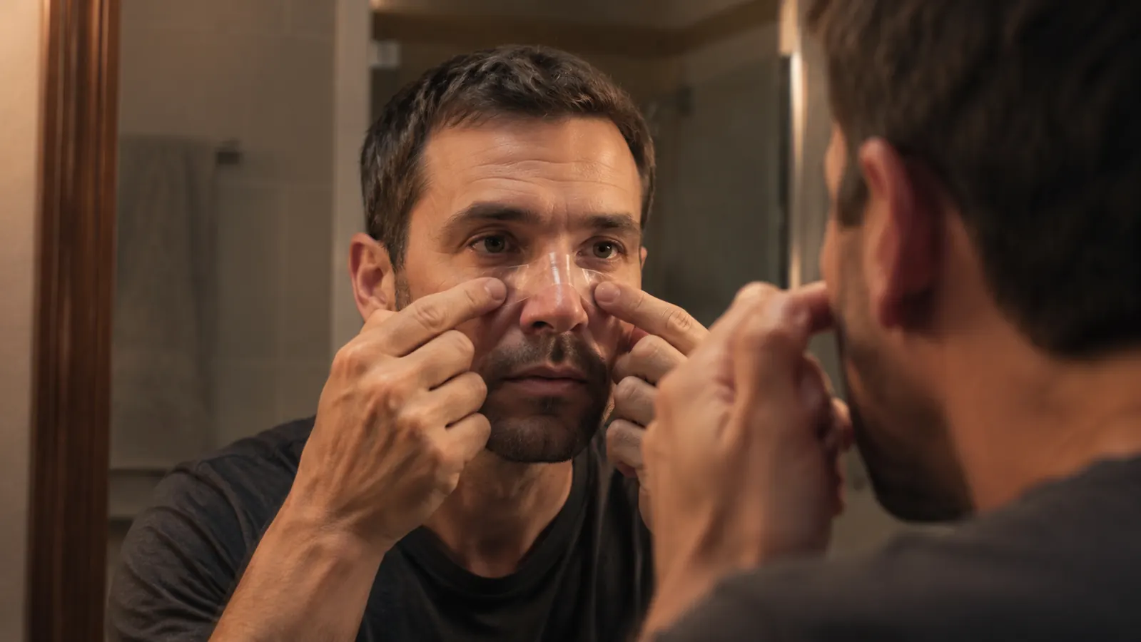 Close-up of hands centering a clear Breathe Right nasal strip across the bridge of the nose in a bathroom mirror