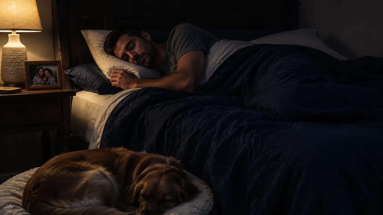Father resting comfortably on his side in bed with a nasal strip visible while a dog sleeps at the foot of the bed