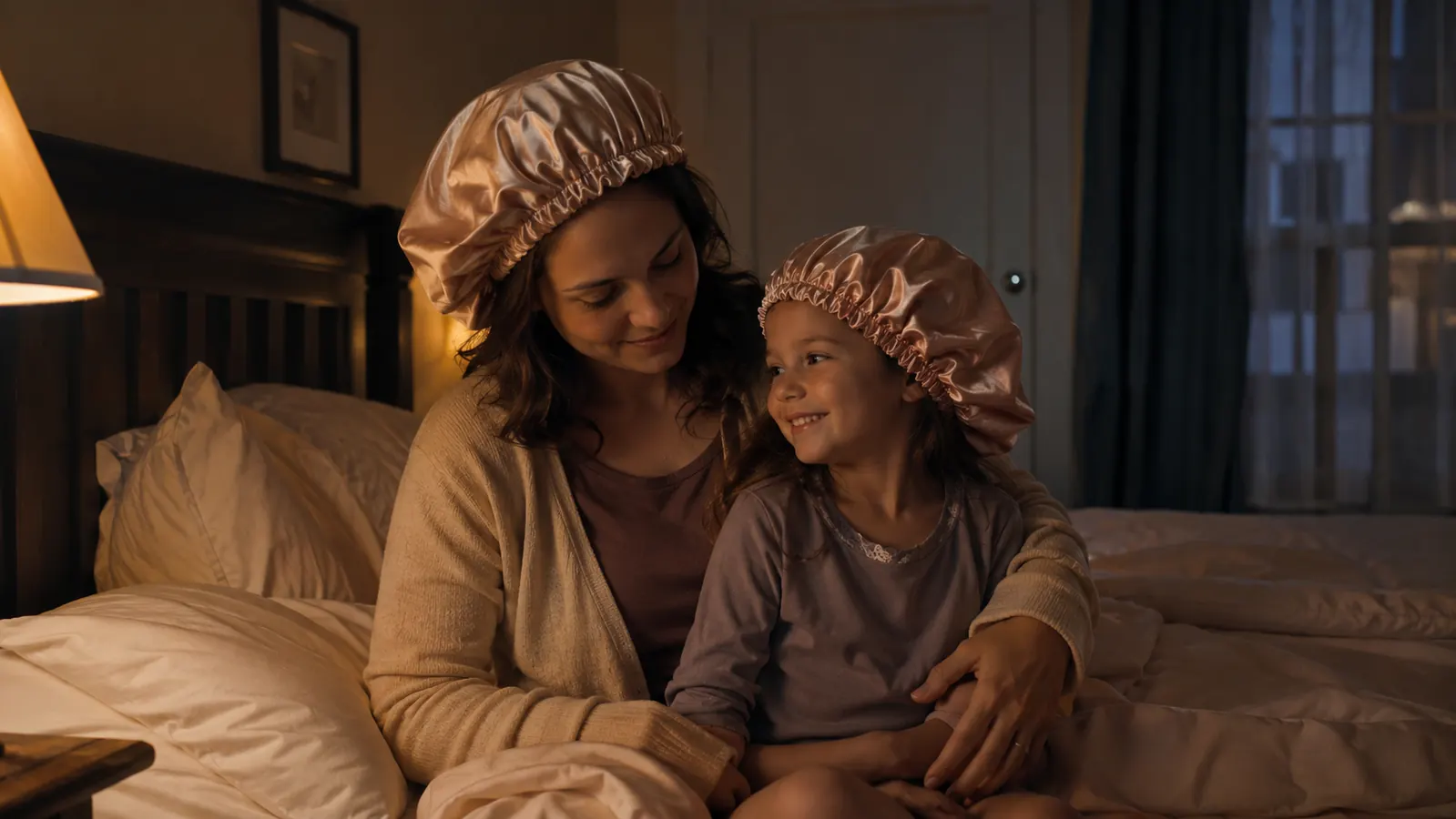 Mother and young daughter both wearing satin bonnets, sitting together on a bed before lights out
