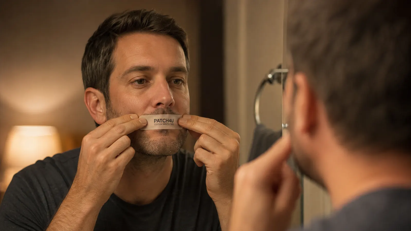 Close-up of a man applying a strip of PATCH4U mouth tape before bed