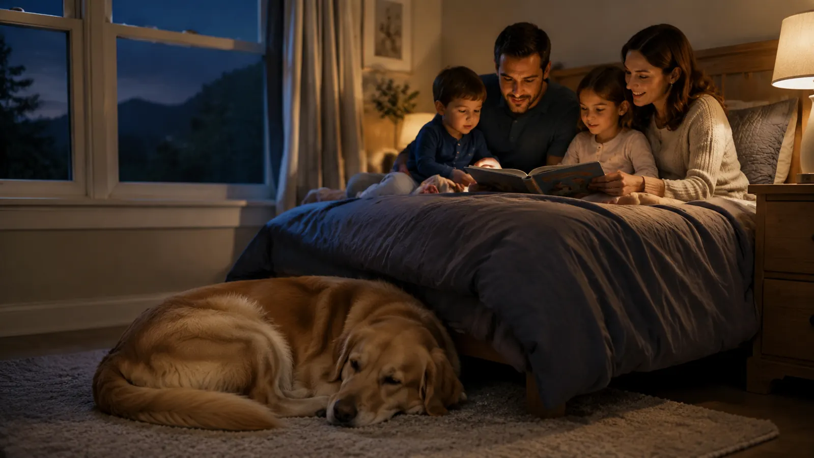 Family dog curled up asleep at the foot of a bed in a quiet bedroom