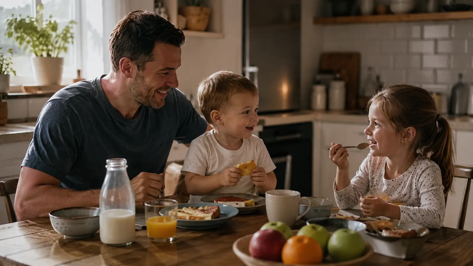Dad and two young kids eating breakfast together at a bright kitchen table