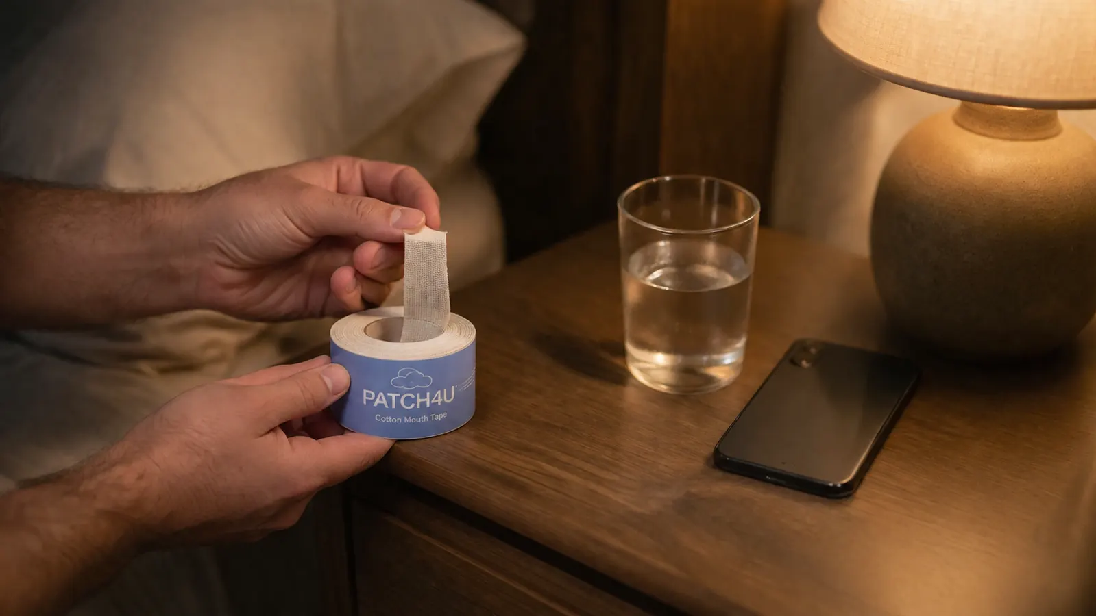 Close-up of a hand tearing a strip of PATCH4U tape off the roll on a cluttered nightstand with a phone and water glass