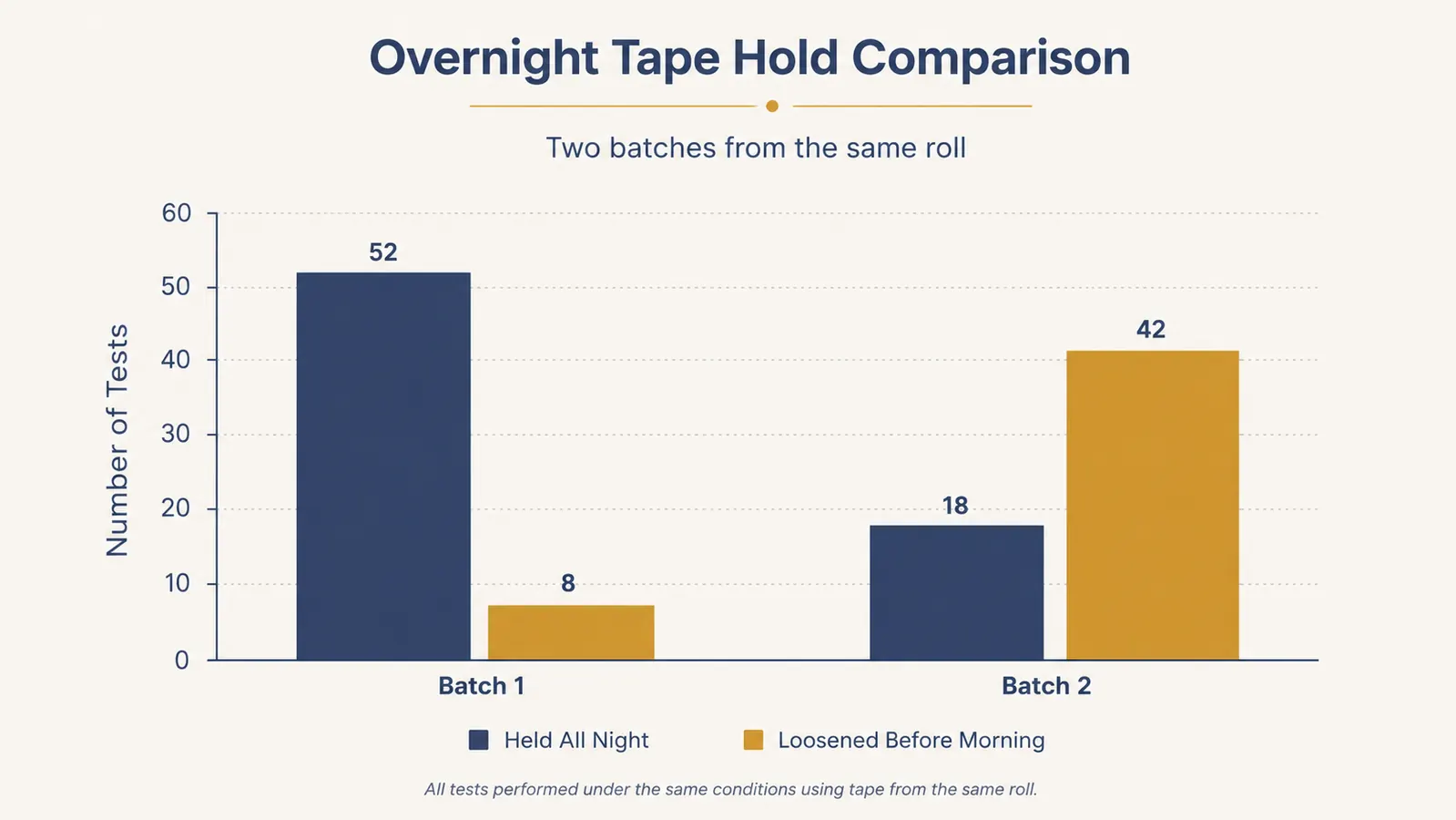 Simple bar chart showing how many nights out of thirty the tape held firmly all night versus loosened before morning