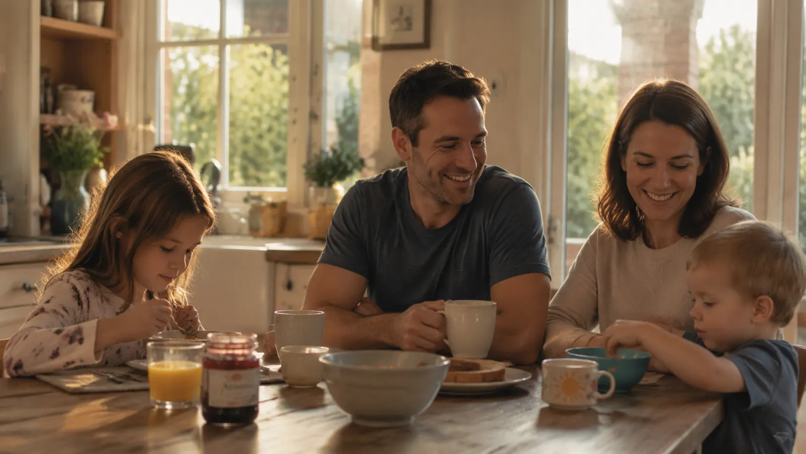 Family of four eating breakfast together in a sunny kitchen, dad looking rested
