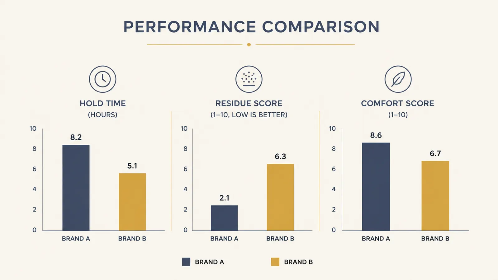 Bar chart comparing morning residue rating, overnight hold time, and comfort score for PATCH4U versus Hostage Tape