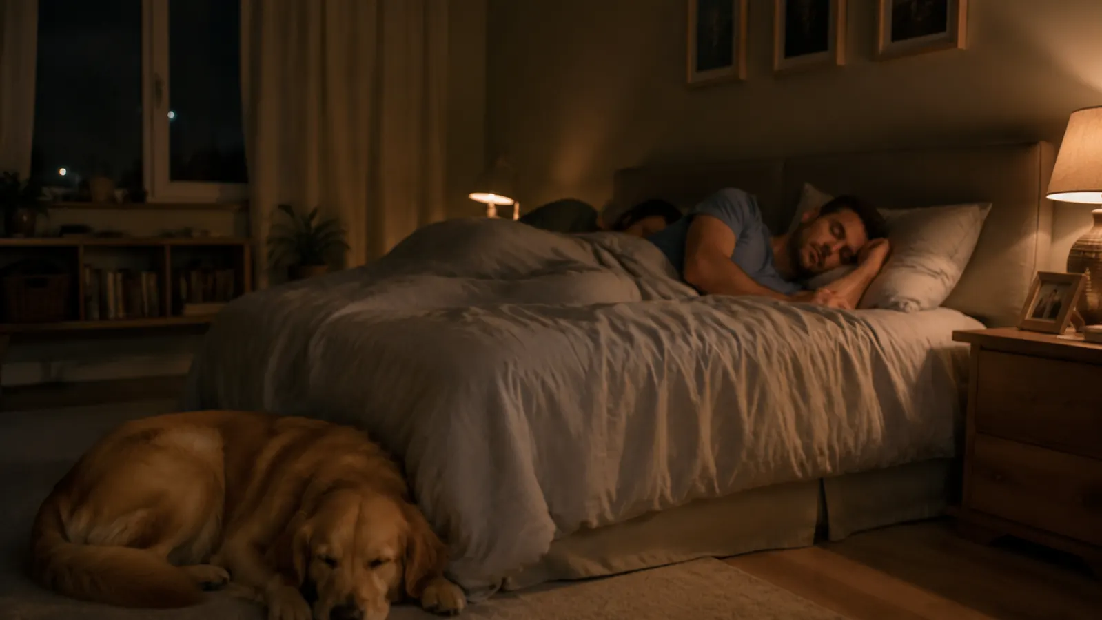 Man asleep on his side in a quiet bedroom with a small strip of tape barely visible over his mouth, dog curled at the foot of the bed