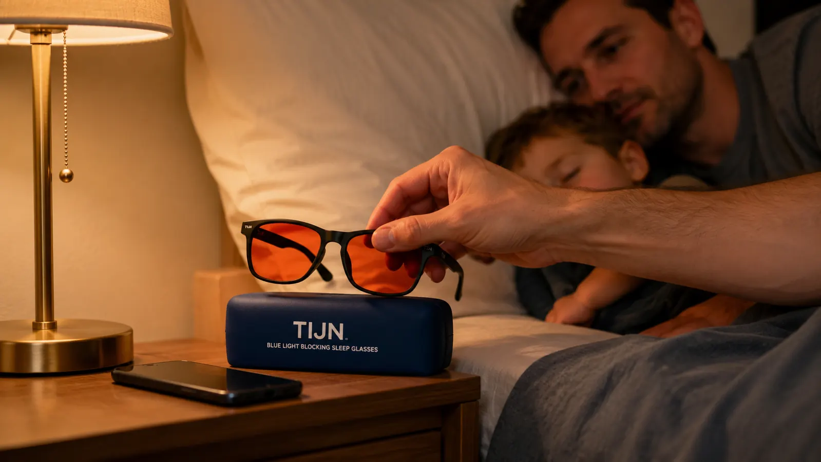 Close-up of hands putting on a pair of TIJN blue light blocking glasses with orange lenses on a nightstand