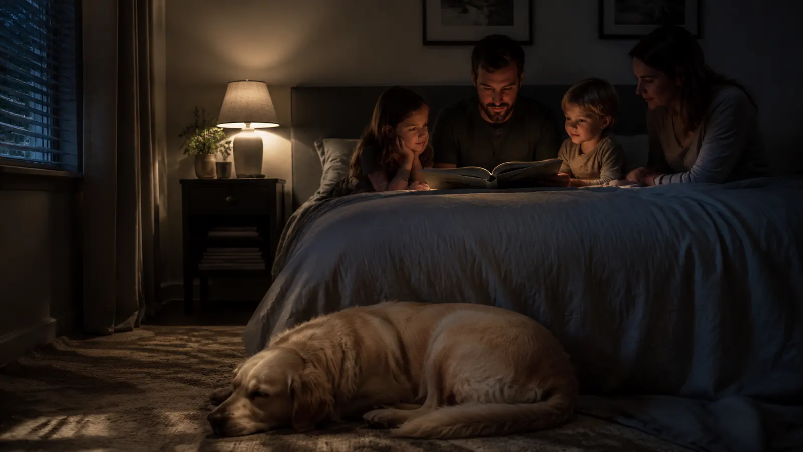 Family dog asleep on the floor at the foot of a bed in a dim bedroom