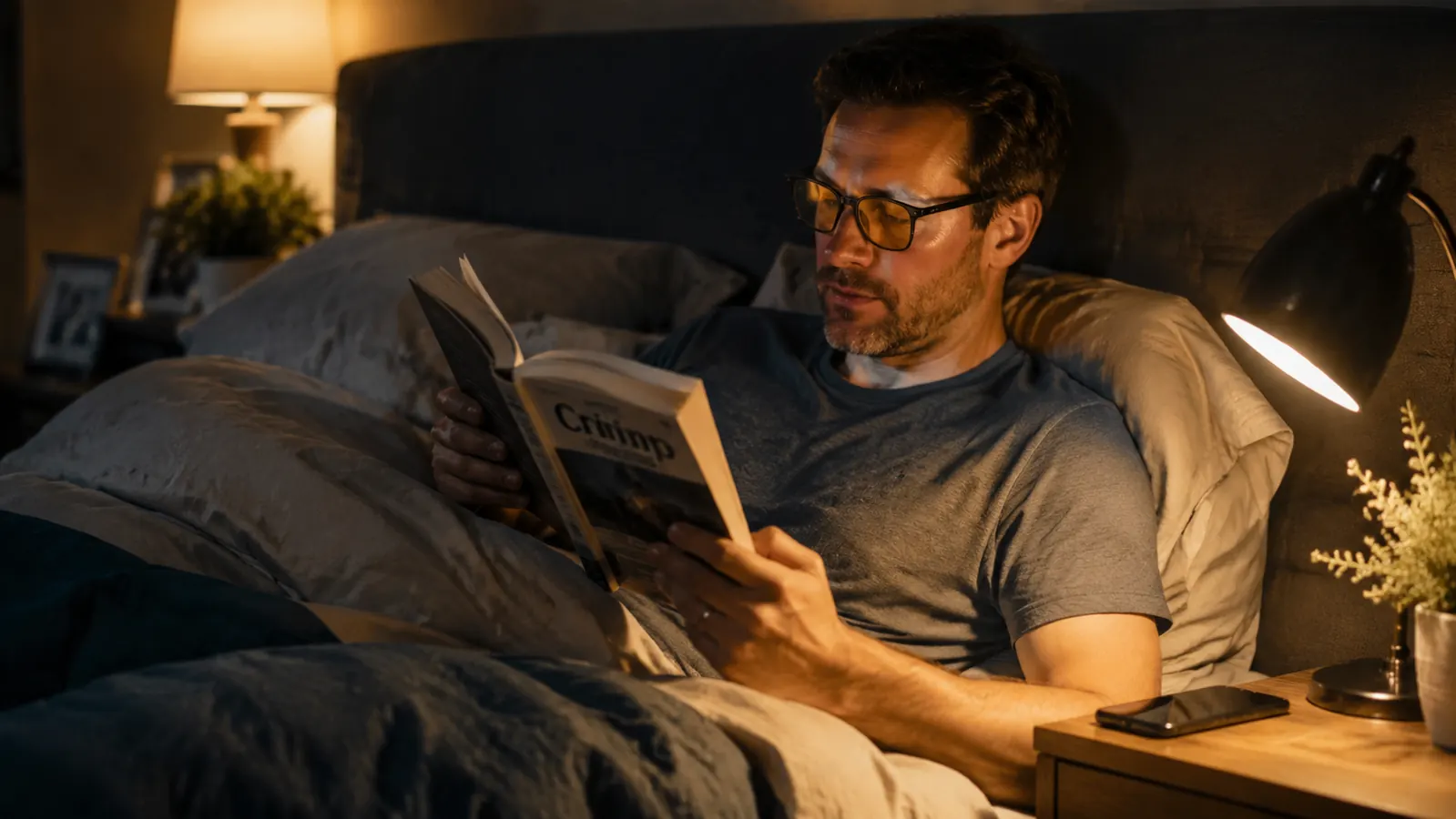 Man reading a physical book in bed wearing orange glasses instead of looking at a phone