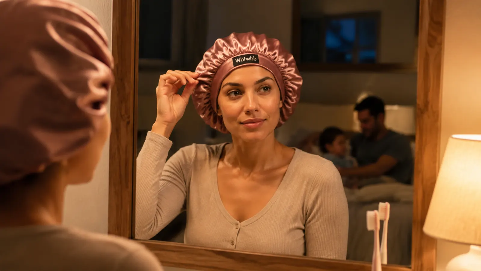 Woman pulling on a satin sleeping bonnet in front of a bathroom mirror before bed